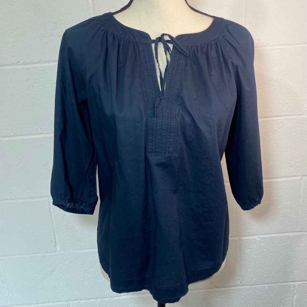 Loft Cotton Navy Blue Tie Front 3/4 Sleeve Blouse